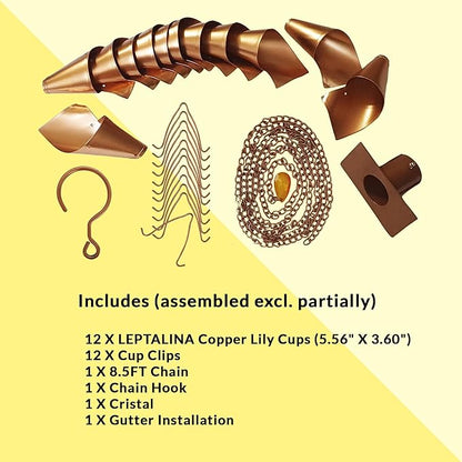 8.5FT Rain Chains for Drain Gutter Through Downspouts and Rain Barrel with Rain Chain Gutter Adapter - Outdoor Rust-Resistant Plated Iron and Thick Chain Garden Décor (Copper-Lily)