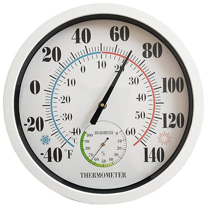 Indoor Outdoor Thermometer Large Numbers 12 Inch Wall Weather Thermometer Hanging Garden Decor Hygrometer No Battery Needed (White)