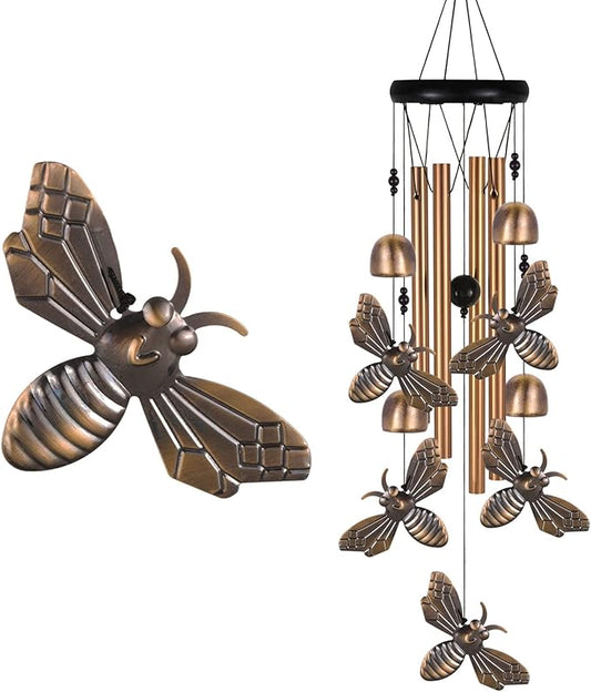 Bronze Bee Wind Chime, Gifts for Mom, Home, Garden, Balconies, Room, Patio, Indoor, Outdoor Bee Decoration, Bee Chimes, with 4 Aluminum Tubes 5 Bees Wind Chimes, Bee Wind Catcher, Bee Wind Bells Decor