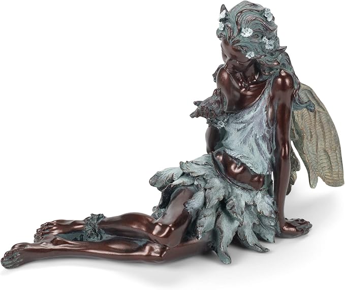 Napco Imports Weathered Bronzetone Sitting Fairy with Bird 12 x 19 Resin Stone Outdoor Garden Statue