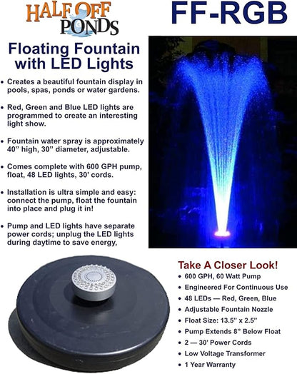 HALF OFF PONDS Small Floating Fountain – 600 GPH Pump for Pools, Ponds & Water Gardens – Adjustable 40" Spray – 48-LED RGB Light Show, Float & 30' Cord