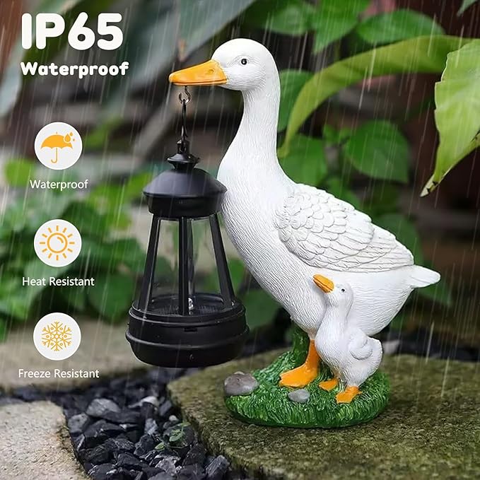 VEEKI Garden Statue Outdoor, Cute Goose Statue Figurine Lights with Solar Lantern Outdoor Waterproof, Resin Outdoor Decor Sculpture for Yard Porch Patio Lawn, Unique Gifts for Mom Grandma Women