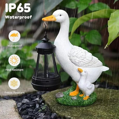 VEEKI Garden Statue Outdoor, Cute Goose Statue Figurine Lights with Solar Lantern Outdoor Waterproof, Resin Outdoor Decor Sculpture for Yard Porch Patio Lawn, Unique Gifts for Mom Grandma Women