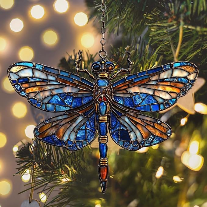 Vivid Dragonfly Mosaic Art Decor Acrylic Suncatcher Stained Glass Effect Window Car Hanging Christmas Ornament Indoor Outdoor Decor Garden Sun Catcher Panel for Dragonfly Lover for Women Mom Grandma