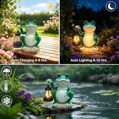 Solar Garden Frog Statue with Solar Lanterns Outdoor Frog Garden Decor Figurine Lights for Patio Balcony Shelf Tabletop Lawn, Unique Housewarming Birthday Thanksgiving Gifts for Women Mom