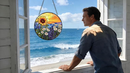 Stained Glass Window Hanging - Sunflowers, Daisies, Lavender and Sunset 6.3 Inches Suncatcher for Garden Home Decor for Women Mon Grandma Friends
