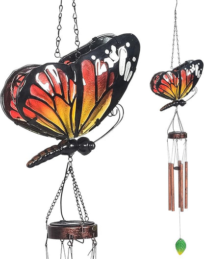 Asense Hanging Wind Chimes for Outside, Solar Powered LED Lights Butterfly Wind Chime, Outdoor Garden Lawn Yard Patio Decoration, Unique Decor Gifts