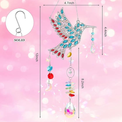 Hummingbird Gifts for Mom Grandma, Crystal Sun Catcher Hanging Indoor Window, Mothers Day Birthday Valentines Day Gifts for Women Bird Lovers, Love Pendant Home Decorations Garden Outdoor (Silver)