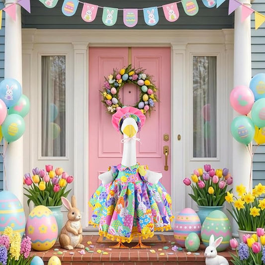 Abbylike 1 Set Easter Bunny Porch Goose Outfit Rabbit Yard Goose Costume Clothes with Carrot Fits Large 23'' H Cement for Easter Day Outdoor Patio Garden Lawn Pathway Spring Statue Decor
