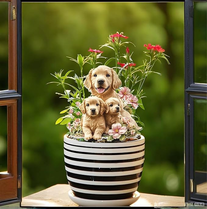Garden Stake Decor, Acrylic 2D Flat Animal Statue, Fairy Sculptures Ornament Indoor Outdoor Yard Lawn Pot Plant Decorative Accessories (Three-Dogs)