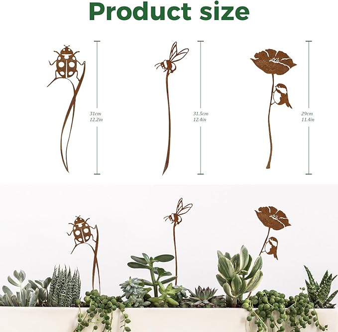Rustic Metal Decorative Garden Stakes, Multiple Nature-Inspired Designs, Vintage Rust Finish Indoor&Outdoor Garden Decor, Gift-Boxed Yard Art for Pots, Planters Flower Beds (Ladybug & Bee Flower Set)