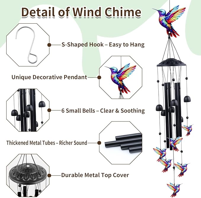Hummingbird Wind Chimes for Outside, 35" Memorial Wind Chimes for Loss of Loved One, Sympathy Bereavement Gift for Mother Father Husband