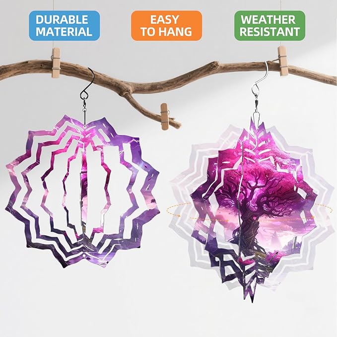 8 Inch Sublimation Wind Spinner, 3D Aluminum Metal Wind Spinner with Hook, Indoor Yard Garden Hanging Decoration, Weather Resistant Rotating Spiral Ornament, Purple Magic Tree