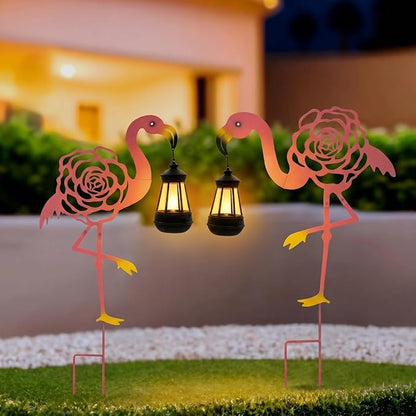 Solar Flamingo Light with Lantern - Outdoor Garden Decor, Metal Rose Cut-Out, Warm Auto-On Light, Gift for Patio, Yard, Party Decoration(2 Pack)