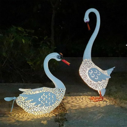 Large Swan Statue Garden Decor with Solar Powered Light, Hand-Painted Iron Art with Hollow Carved Design, Waterproof Outdoor Sculpture for Garden, Yard, Pond, Lawn and Pathway,Short