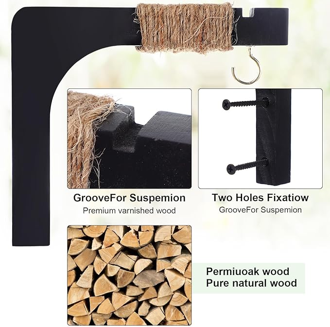 Geelin 4 Pack Wooden Plant Hanger for Wall Mounted Plant Hooks Outdoor Indoor Hanging 6 Inch Farmhouse Hanging Basket Hooks for Garden Home Wall Decoration, L x H x T: 6 x 5 x 0.8inch(Black)