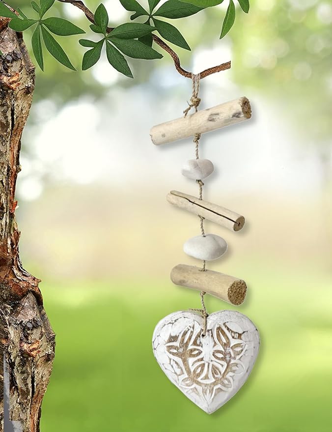 Heart Driftwood Hanging Coastal Decor - Beach Wood Stone Garland Indoor Outdoor Patio Garden Gift 15" White