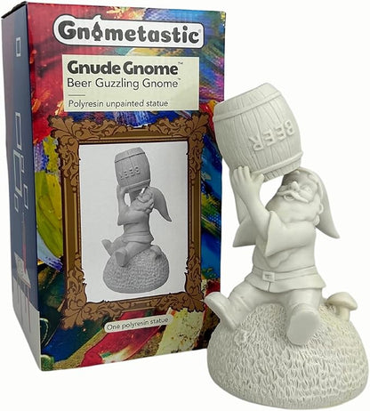 Gnometastic Gnude Gnomes - Unpainted Gnome Statue, Beer Guzzling 8.45in Tall - DIY Paint Your Own Garden Gnome for Adults, Indoor/Outdoor Funny Garden Gnomes