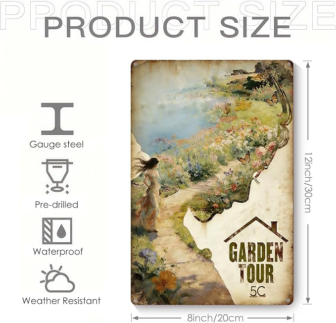 Vintage Metal Garden Sign, Garden Tour 5C Wall Decor, Funny Gardening Gifts for Women, Home Patio Yard Art, 12 x 8 Inches