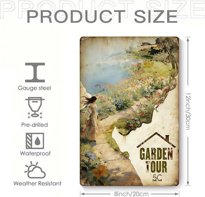 Vintage Metal Garden Sign, Garden Tour 5C Wall Decor, Funny Gardening Gifts for Women, Home Patio Yard Art, 12 x 8 Inches