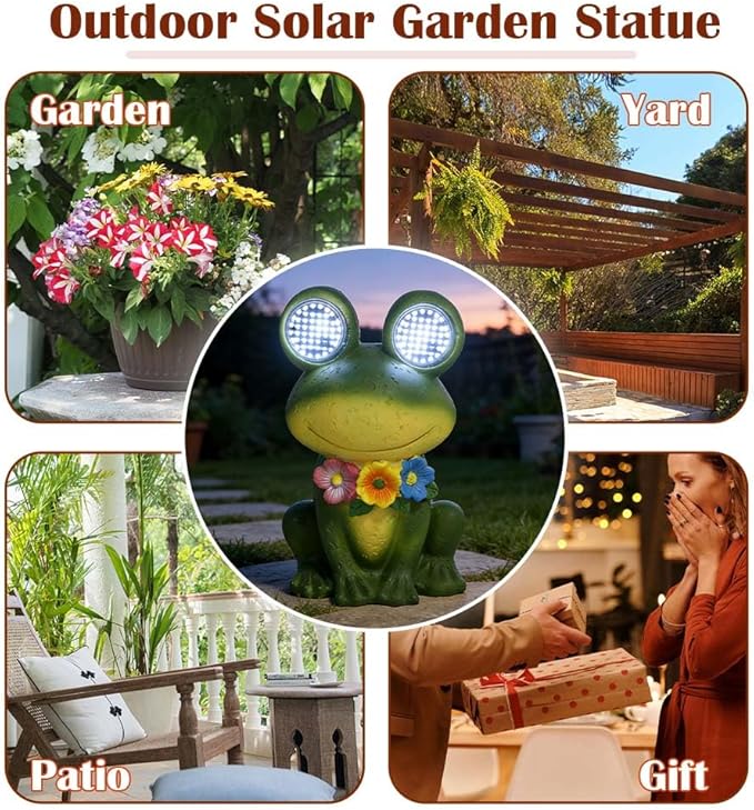 Solar Garden Statue with LED Lights, Dynamic Blinking Lights and Flowers, Outdoor Garden Figurine for Patio Porch Lawn Backyard Decor, Housewarming Gifts for Women (Frog)