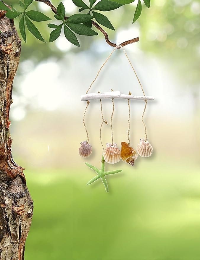 Starfish Windchime Coastal Driftwood Wall Hanging Decor - Beach Wind Chime Indoor Outdoor Patio Garden Gift 12” Green