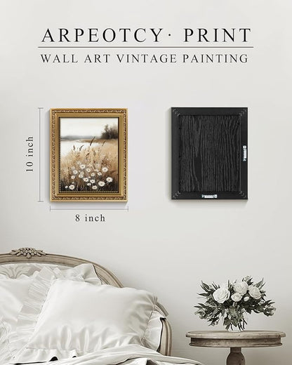 ARPEOTCY Vintage Gold Framed Wall Art, Wildflower Field Paintings, 8x10 inch Small Floral Aesthetic Canvas Picture Prints with Frame, Victorian Wall Decor for Living Room Bathroom Bedroom Shelf