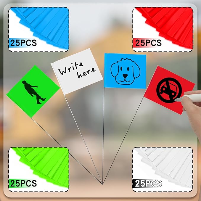 Zozen 100Pack Marking Flags, Red & Green & Blue & White, Writable / 15x4x5 Inch, Yard Flags for Lawn & Irrigation & Landscape & Sprinkler & Survey & Dog Training.