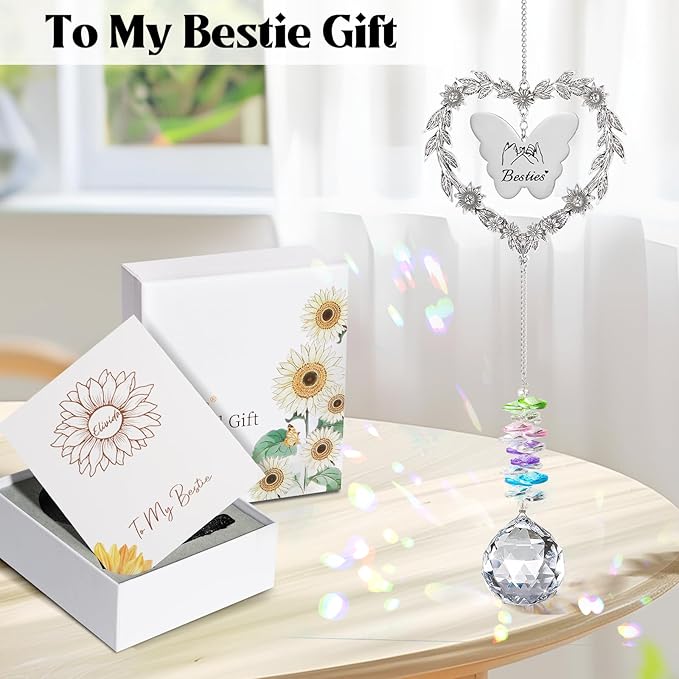 to My Bestie Gifts, Best Friend Suncatcher for Women, Friendship Christmas Ornament for Her, Heart-Shaped Crystal Birthday Gift for BFF