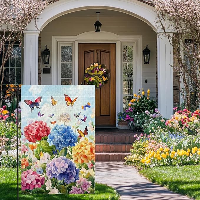 Hydrangea Garden Flag 12x18 Double Sided, Spring Summer Floral Welcome Yard Decor, Farmhouse Outdoor Flag for Lawn Patio Porch