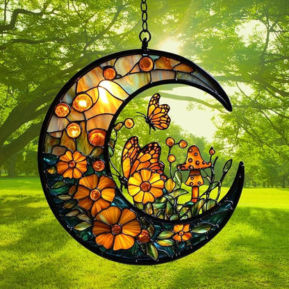 Floral Cresent Moon Acrylic Suncatcher Stained Glass Effect Window Car Hanging Christmas Ornament Indoor Outdoor Decor Garden Sun Catcher Panel for Boho Lover for Women Mom Grandma