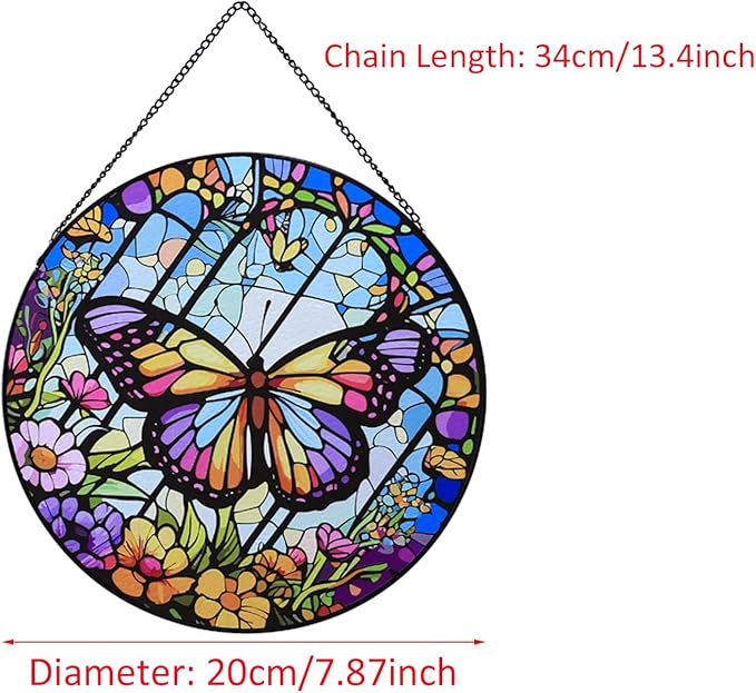 Butterfly Stained Glass Window Hanging,20cm/7.87inch Hand-Painted Sun Catcher Garden Hangings for Doors Home Christmas Mother's Day, Valentine's Day Ornaments Festival Gift (A Style)