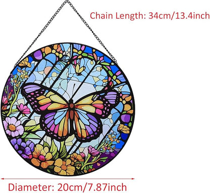 Butterfly Stained Glass Window Hanging,20cm/7.87inch Hand-Painted Sun Catcher Garden Hangings for Doors Home Christmas Mother's Day, Valentine's Day Ornaments Festival Gift (A Style)