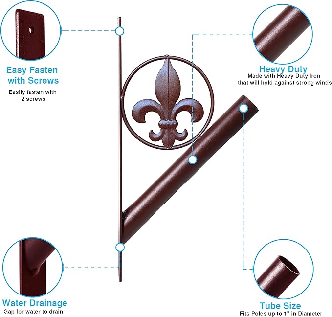 Flag Pole Holder – Fleur de Lis Rustic Iron Bracket Mount Outdoor Wall Décor for House, Metal Decorative Mounted Holders for Poles, Flags, and Banner for Outside Porch, 1-1/8” Inner Diameter (Brown)