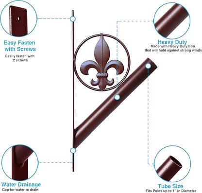 Flag Pole Holder – Fleur de Lis Rustic Iron Bracket Mount Outdoor Wall Décor for House, Metal Decorative Mounted Holders for Poles, Flags, and Banner for Outside Porch, 1-1/8” Inner Diameter (Brown)