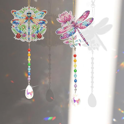 MVVMTOP 2pcs Diamond Art Painting Wind Chime with Crystal Pendant, DIY Dragonfly Double-Sided Design Special Shape Acrylic Crystal Diamond Art Ornament, Home Window Garden Hanging Pendant Decoration