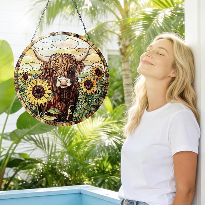 Highland Cow Stained Glass Window Hanging Sunflower Cow Western Style Suncatcher Rustic Farmhouse Window Hanging Decor for Home Garden Gift