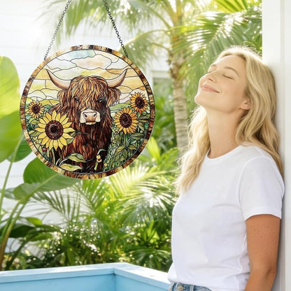 Highland Cow Stained Glass Window Hanging Sunflower Cow Western Style Suncatcher Rustic Farmhouse Window Hanging Decor for Home Garden Gift