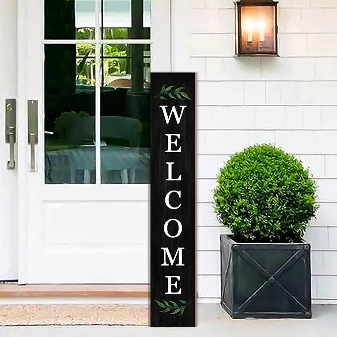 Welcome Wooden Porch Sign 47" Front Door Rustic Standing Large Welcome Porch Sign for Home Front Door Yard Season Party Decor (Black)