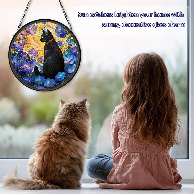 Cat Stained Glass Window Hanging, Flower Suncatcher Diamond Glass Panel Hangings, Sun Catchers Indoor Windows Wall Art, Gifts for Cat Lovers, Christmas Decor for Home Garden Office 7.87 inches