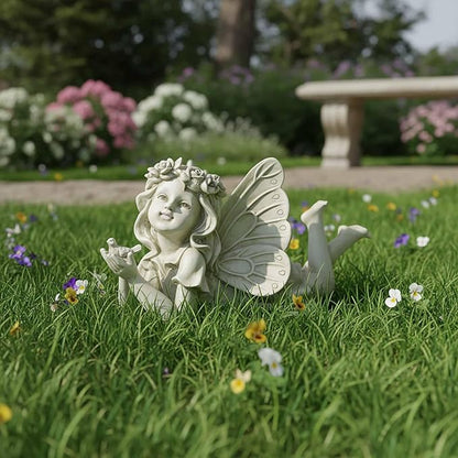Lying Fairy Garden Statue with Bird – Resin Angel Figurine for Outdoor Garden Decor, Fairy Garden Sculpture for Yard, Patio or Flower Bed – 11" Garden Fairy Figurine