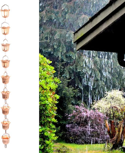 Rain Chain, 3.28ft Adjustable Copper Flower Rain Catcher Functional and Decorative Hanging Gutter Chains for Outside Eaves, Drainage, Replacement Downspout (Morning Glory Shaped)