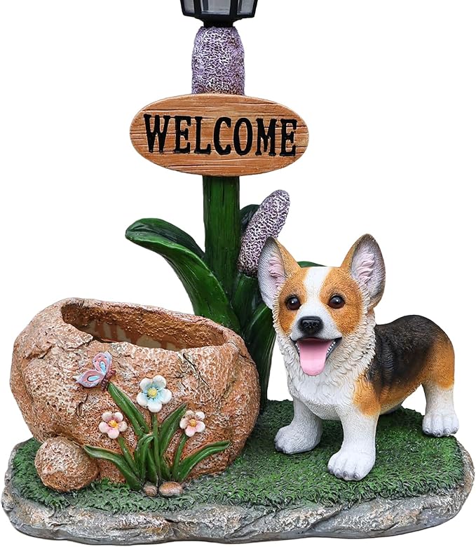 Solar Light Animal Outdoor Statue Planter with Welcome Sign, Resin Garden Sculpture Flower Pot for Patio Lawn Porch Yard Courtyard Decor, Weather-Resistant Decorative Figurine Accent (M)