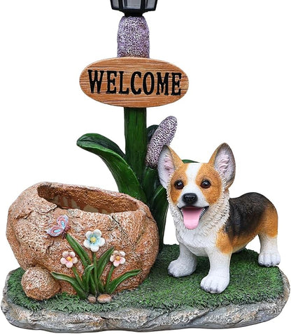 Solar Light Animal Outdoor Statue Planter with Welcome Sign, Resin Garden Sculpture Flower Pot for Patio Lawn Porch Yard Courtyard Decor, Weather-Resistant Decorative Figurine Accent (M)