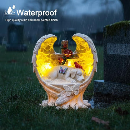 Solar Dog Memorial Stone with Angel Wings Cross Cardinal Passing Away Gifts, Sleeping Pet Grave Markers Dog Loss Sympathy Gift Resin Statue with Solar Lights for Garden Decor