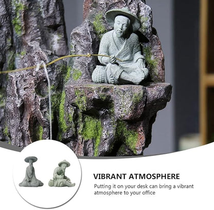 DOITOOL 2Pcs Mini Fisherman Figurines, Chinese Sitting Fishing Garden Statue, Sandstone Bonsai Fisherman Figurines for Micro Landscape Pot Aquarium Fairy Garden Decorations