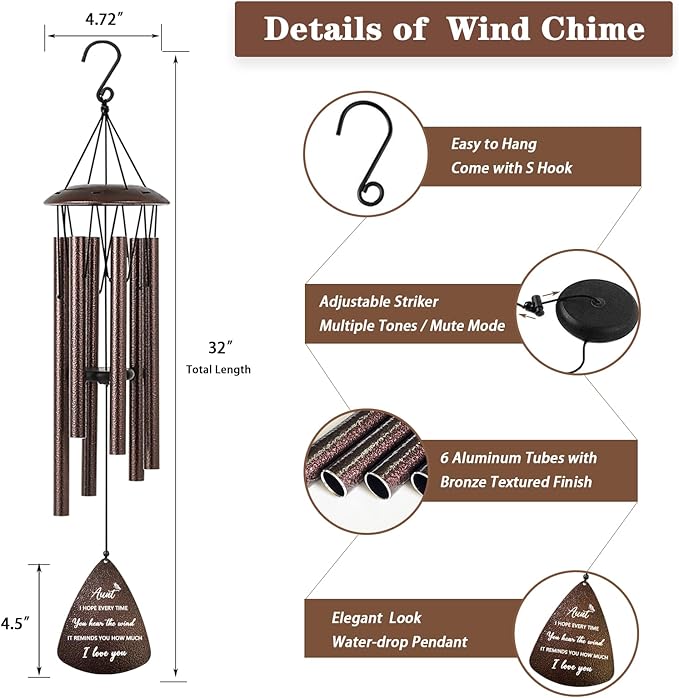 Aunt Gifts from Niece Nephew, 32" Bronze Wind Chimes for Aunt Birthday Gifts, Christmas Thanksgiving