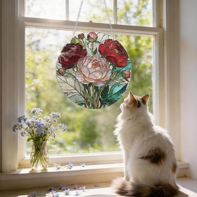 Flower Window Decor, Acrylic Hanging Suncatcher, Indoor Window Wall Art, Home Garden Decorations, Valentines Day Decor Ornaments, Floral Botanical Lover Gift