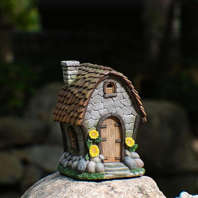 Zayton Garden House Statues Outdoor with Light Yard Resin Decoration Gift Handmade Housewarming Gift for Patio Yard Lawn Waterproof Cracking