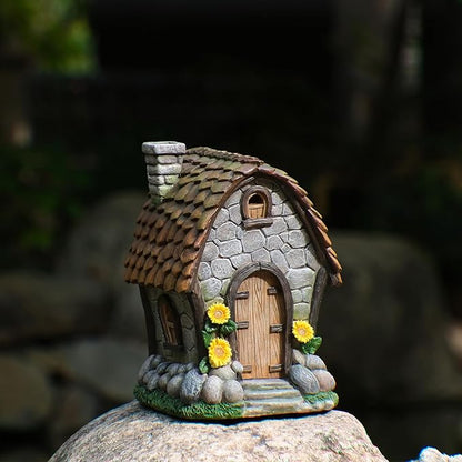Zayton Garden House Statues Outdoor with Light Yard Resin Decoration Gift Handmade Housewarming Gift for Patio Yard Lawn Waterproof Cracking